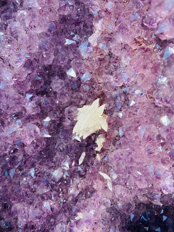 Große Amethyst-Druse mit vielen kleinen Kalzitblüten und -kristallen