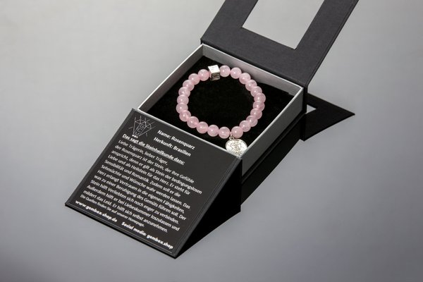 Rosenquarz-Armband mit Silberteilen, Gem-Box Design