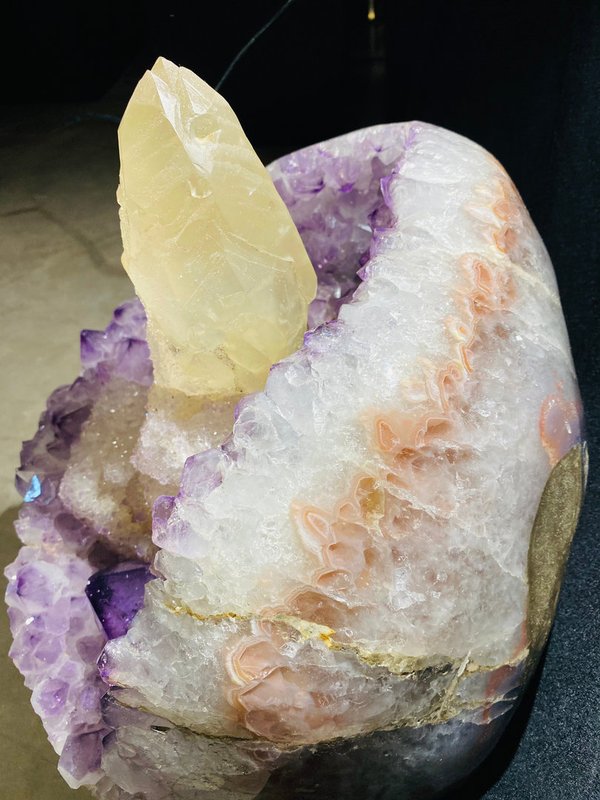 großer Kalzit-Szepter-Kristall in fliederfarbener Amethyst-Druse aus Uruguay