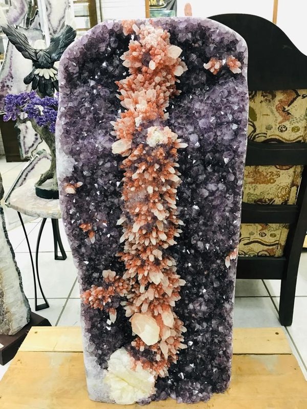 very rare amethyst with orange pink quartz and calcite crystals