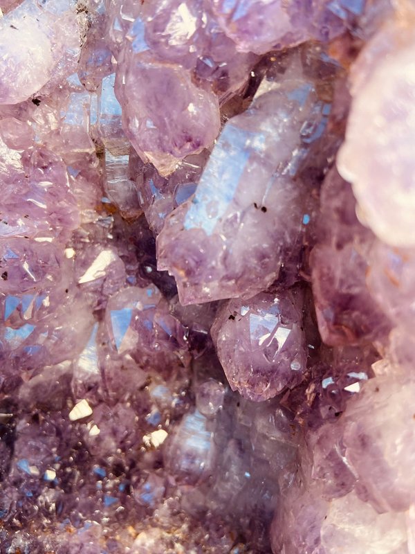 Pair of two-chamber amethyst druses with pink quartz crystals
