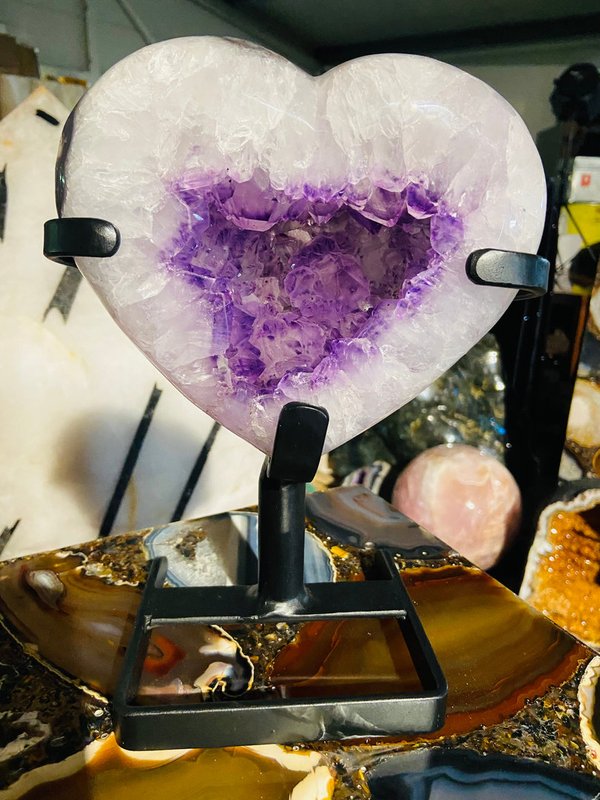 Amethyst heart in metal stand from Uruguay