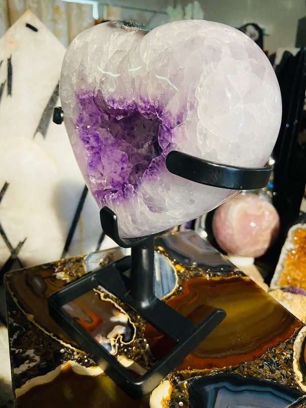 Amethyst heart in metal stand from Uruguay