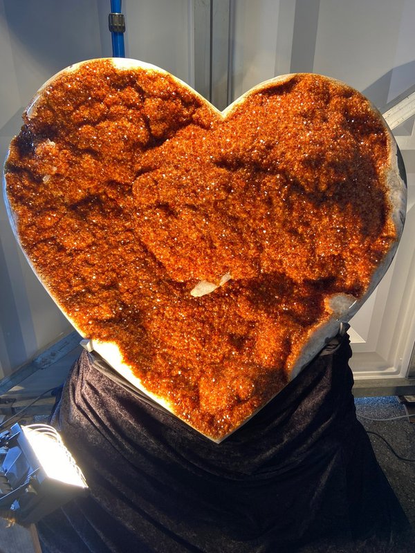 Unique large heart of citrine, beautiful color, standing in metal stand