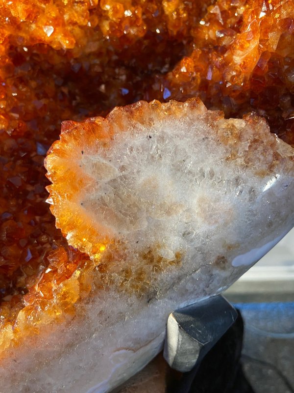 Unique large heart of citrine, beautiful color, standing in metal stand