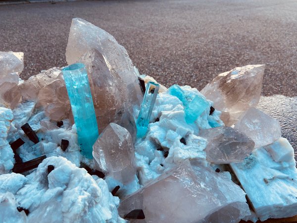 Our best aquamarine crystal group with smoky quartz, tourmaline and albite from the Himalaya