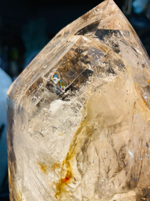 Elestial crystal with smoky quartz phantoms and water inclusion