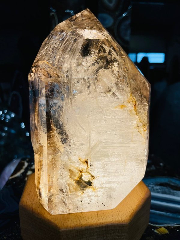 Elestial crystal with smoky quartz phantoms and water inclusion
